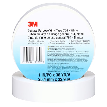 3M Vinyl Tape, 5.0 Mil, 1"x36 yds, White, PK36 T965764W